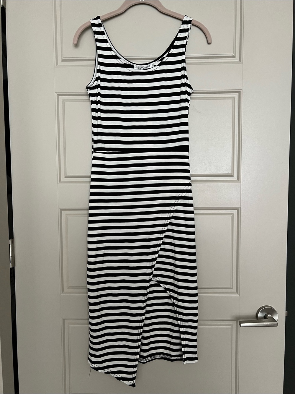 LF Saints and Secrets black and white striped dress with slit, size 8/small